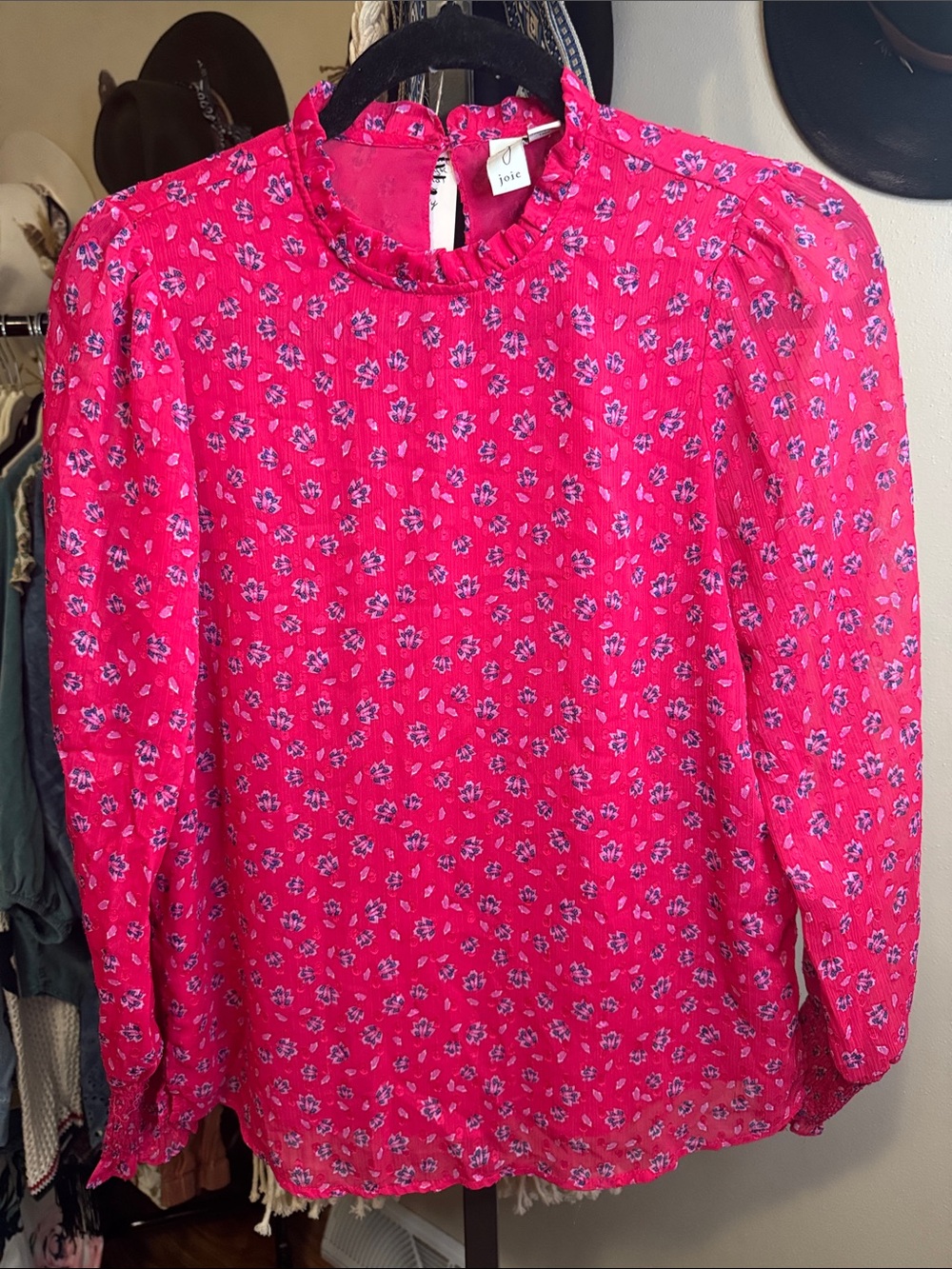 Joie Hot Pink Floral Ruffle-Neck Blouse